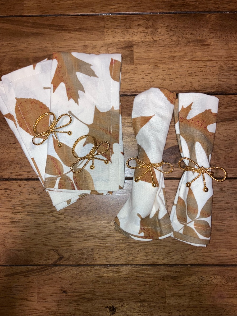 Fall Leaf Print Cotton Napkin Set of 4 with Gold Tie napkin holder - home goods